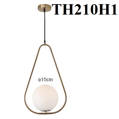 Đèn thả 210H1, thân vàng, E27 x 1, kiểu H khung tam giác, bóng cầu thủy tinh đục , KT(mm) khung : D250 x H1500 , KT(mm) chao : 200